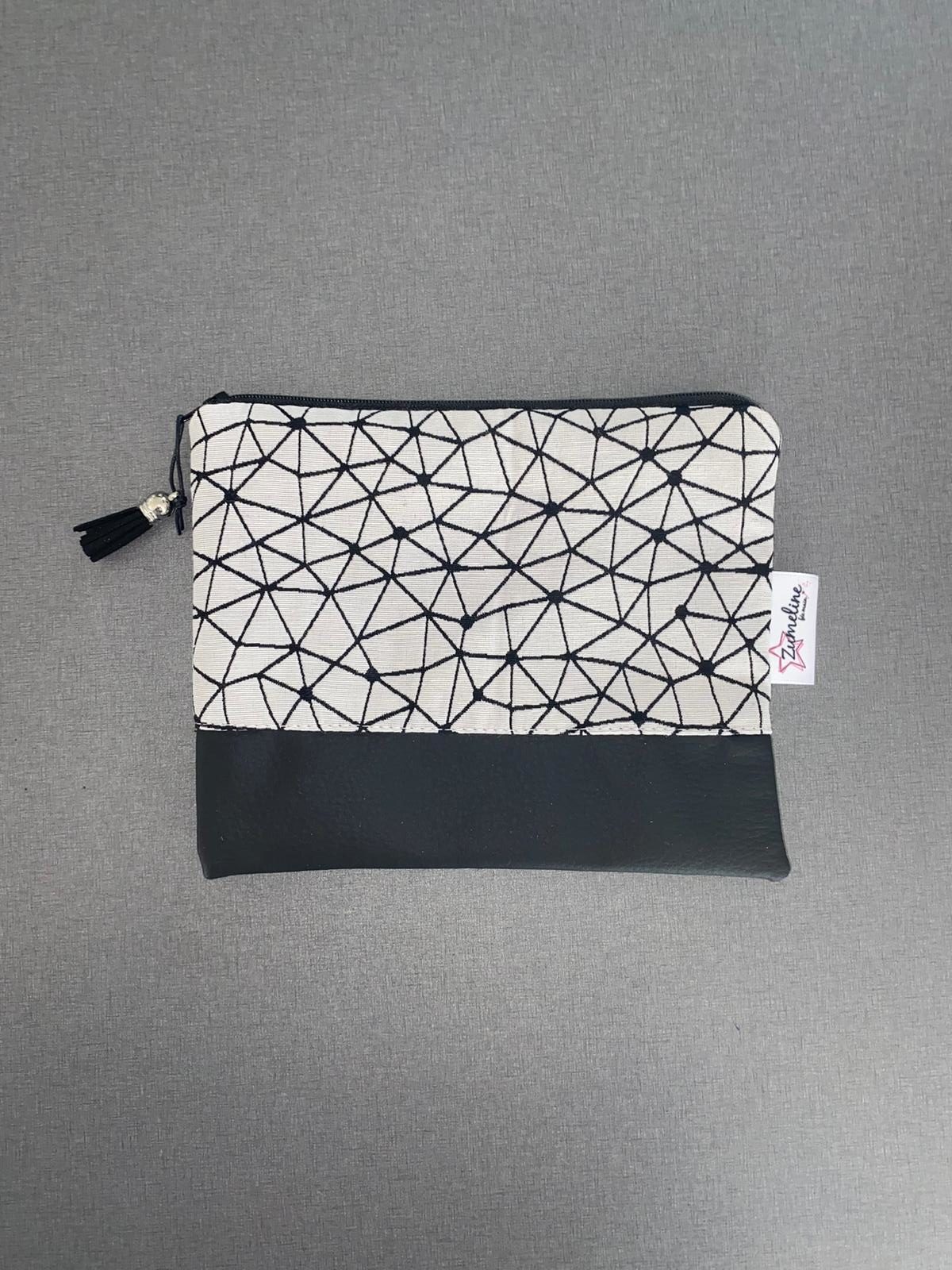 Pochette zippée 20x15cm Tissu coton noir, blanc, fushia